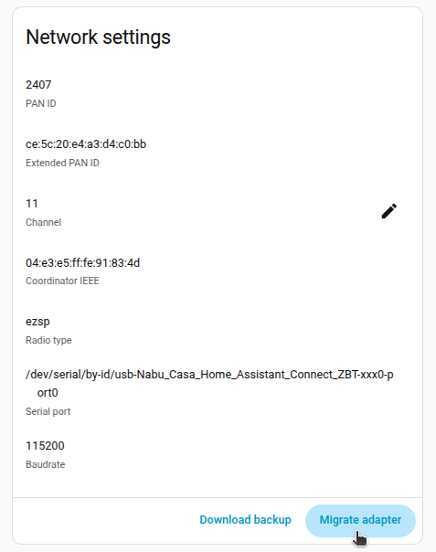 Screenshot showing the migrate radio button on the Network settings dialog