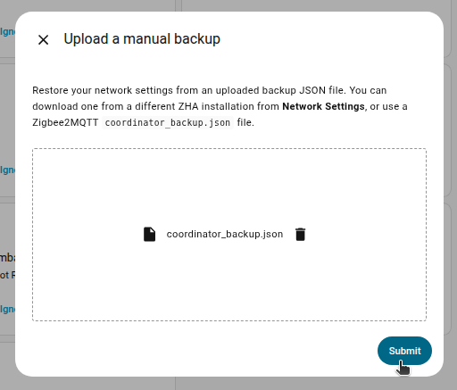 Submit the backup json file