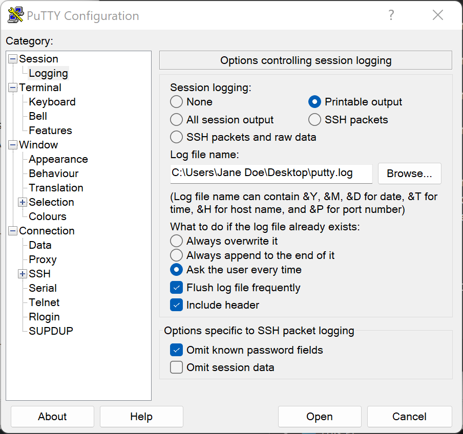 Setup logging settings in PuTTY